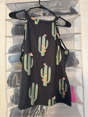 Black Cactus Print Halter Tank Top - Unbranded